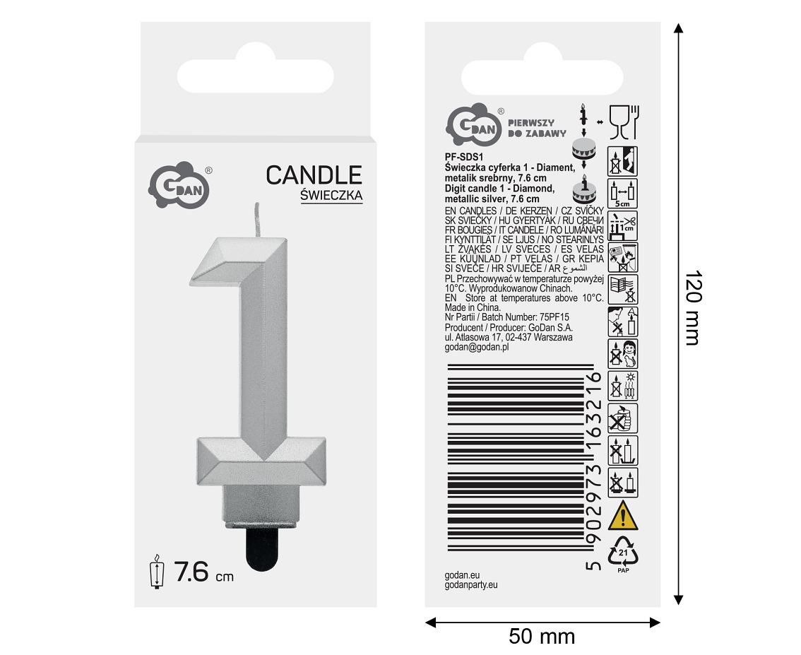 Digit candle 1 - Diamond , metallic silver, 7.6 cm